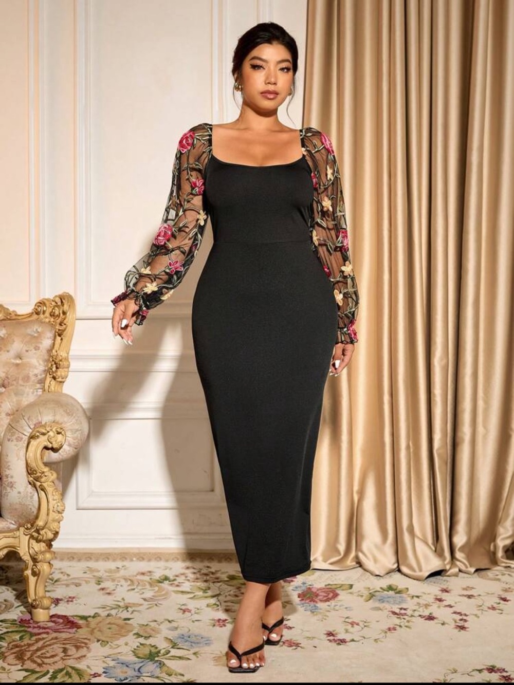 Elegant Black Bodycon Dress with Floral Mesh Sleeves